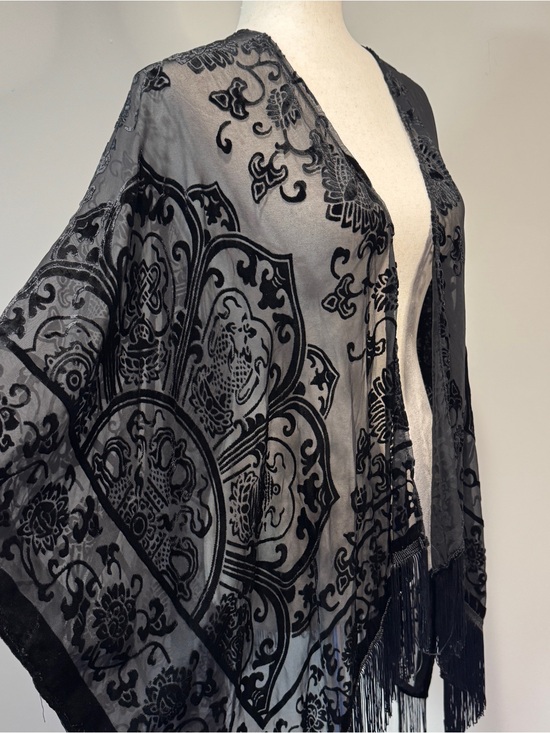 Mixit Other - Mixit Black Velvet Burnout Sheer Fringe Kimono Wrap Whimsigoth Witchy One Size
